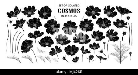 Set of isolated silhouette cosmos in 34 styles. Cute hand drawn flower vector illustration in white outline and black plane on white background. Stock Vector