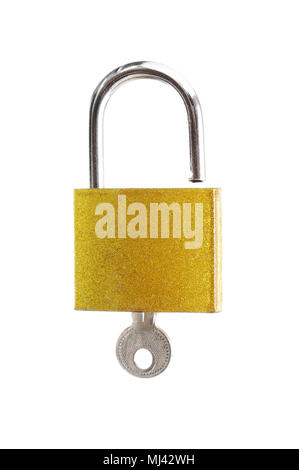 Unlocked padlock with key on white background. Stock Photo