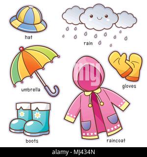 Vector illustration of Cartoon Rain Clothes vocabulary Stock Vector