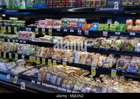 Portland, Oregon, USA - April 26, 2018 : Grocery store shelf in Safeway Grocery Store in downtown Portland, Oregon Stock Photo