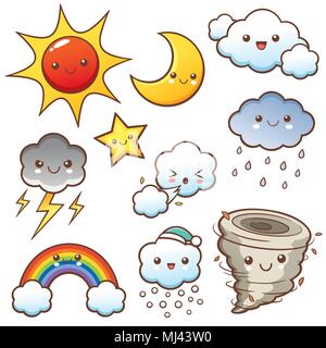 Cartoon weather kids vocabulary vector icons. Weather drawing sun and