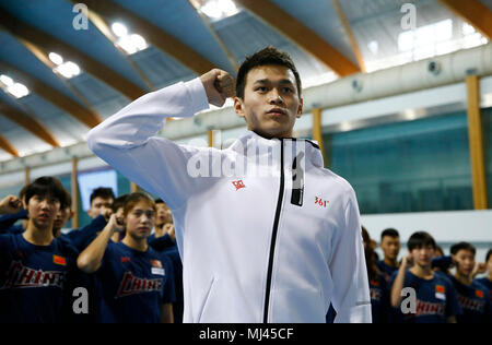 Beijing, China. 4th May, 2018. Captain of China's swimming team Sun Yang (Front) vows to reject doping along with team members in Beijing, capital of China, May 4, 2018. Credit: Ding Xu/Xinhua/Alamy Live News Stock Photo