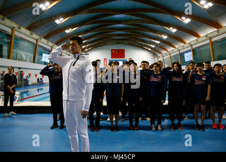 Beijing, China. 4th May, 2018. Captain of China's swimming team Sun Yang (Front) vows to reject doping along with team members in Beijing, capital of China, May 4, 2018. Credit: Ding Xu/Xinhua/Alamy Live News Stock Photo