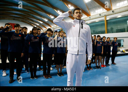 Beijing, China. 4th May, 2018. Captain of China's swimming team Sun Yang (Front) vows to reject doping along with team members in Beijing, capital of China, May 4, 2018. Credit: Ding Xu/Xinhua/Alamy Live News Stock Photo