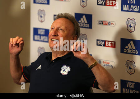 Cardiff, UK. 4th May 2018. Cardiff City manager Neil Warnock speaks to the media during his weekly managers press conference at the Vale Resort Hotel, Hensol near Cardiff on Friday 4th May 2018. The team are preparing for their next and final league match against Reading this Sunday. this image may only be used for Editorial purposes. Editorial use only, license required for commercial use. No use in betting, games or a single club/league/player publications.  Credit: Andrew Orchard sports photography/Alamy Live News Stock Photo