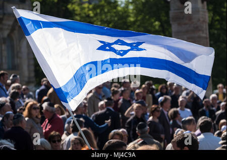 04 May 2018, Germany, Hanover: Participants of the Kippah Walk demonstrating solidarity with jewish citizens walking through Hanover with a flag of Israel. Photo: Peter Steffen/dpa Stock Photo