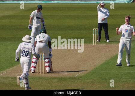 Chester le Street, England, 4 May 2018. Michael Carberry of Leicestershire is trapped leg before wicket by bowler Barry McCarthy of Durham in the Specsavers County Championship at Emirates Riverside. Credit: Colin Edwards/Alamy Live News. Stock Photo