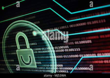 computer monitor screen displaying padlock symbol in a circular light bubble. binary code data bits background. red and blue colour. cyber security co Stock Photo