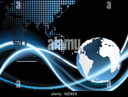 Technology background with neon waves and globe. Vector dark design Stock Vector