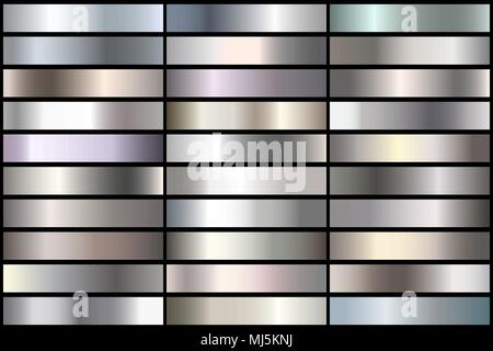 Set of Realistic silver gradients. Vector metal collection for border, frame, ribbon design. Stock Vector