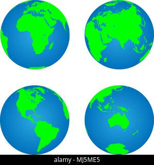 Set of four planet Earth globes with green land silhouette map on blue water background. 3D Vector illustration. Stock Vector