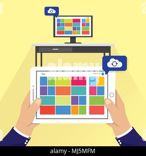 hand holding phone with cloud computing data process on screen, flat style vector illustration Stock Vector