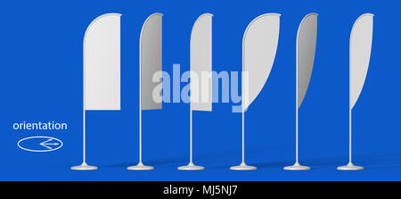 Blank promotion flags at different angles with white stand on a blue background. the view from the side. 3D Illustration Isolated. Mock Up Template Re Stock Photo