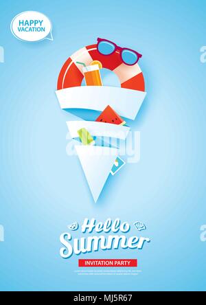 Hello summer card banner with ice cream cone shape paper art on blue background. Use for poster, flyer, advertising, brochure, invitation, flyer. Stock Vector