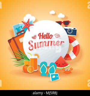 Hello summer banner background template. Vector illustration object sign for season elements beach. Stock Vector