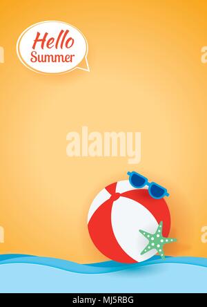 Hello summer card banner with beach ball paper art background. Stock Vector