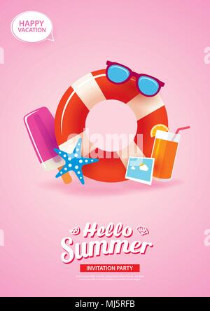 Hello summer card banner with life ring background. Use for poster, flyer, advertising, brochure, invitation, flyer. Stock Vector