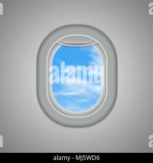 Aircraft, airplane windows with cloudy blue sky outside. Vector illustration Stock Vector