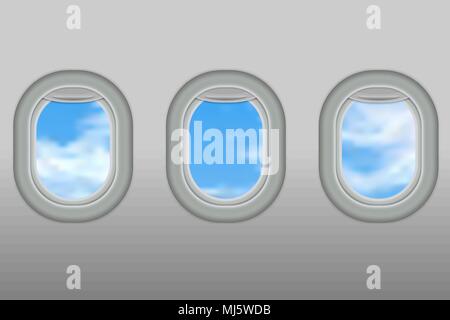 Three realistic portholes of airplane from white plastic with open window shades vector illustration Stock Vector