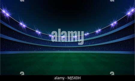 stadium with illumination, green grass and night sky. vector illustration Stock Vector