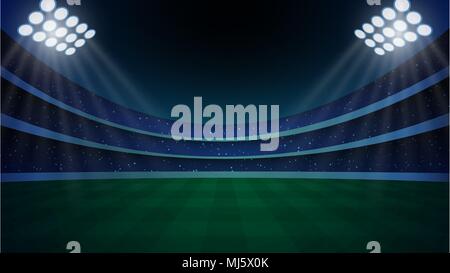 stadium with illumination, green grass and night sky. vector illustration Stock Vector