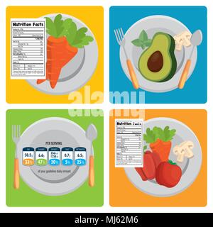fruits and vegetables group with nutrition facts Stock Vector