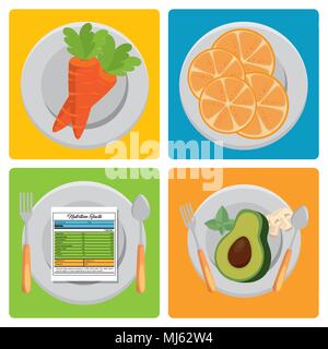 fruits and vegetables group with nutrition facts Stock Vector