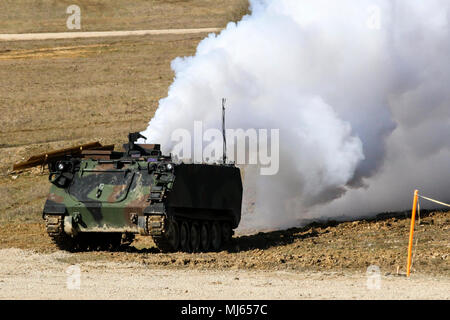 A M58 Wolf is remotely controlled to release a cloud of smoke during a Robotic Complex Breach Concept demonstration at Grafenwoehr Training Area, Germany, April 6, 2018. The Robotic Complex Breach Concept employed the use of Robotic and Autonomous Systems (RAS) in intelligence, suppression, obscuration, and reduction missions. (U.S. Army Image collection celebrating the bravery dedication commitment and sacrifice of U.S. Armed Forces and civilian personnel. Stock Photo