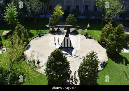 View down to the Alexander Calder sculpture, Carmen, on display in the Sabatini Garden, Reina Sofia Museum, Madrid, Spain Stock Photo