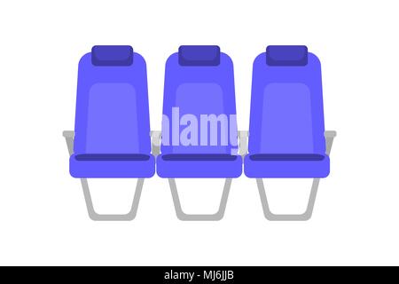 Vector flat colorful illustration of blue seat. Cartoon interior airplane seats. Chairs in cabin of Business class. Armchairs with handrails in the bus for passengers. Stock Vector