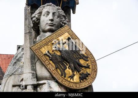 Bremen, Germany. The Bremen Roland, a statue of Roland (a Frankish military leader under Charlemagne) erected in 1404. Market square (Rathausplatz) Stock Photo