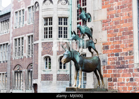 Bremen, Germany. Bronze statue by Gerhard Marcks depicting the Bremen Town Musicians, erected in 1953 Stock Photo