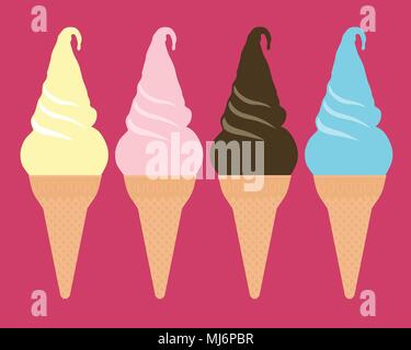 Set of vector illustrations of ice cream of different colors in a cone, isolated on a red background Stock Vector