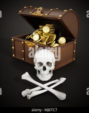 Chest full of gold, skull and bones. 3D illustration. Stock Photo