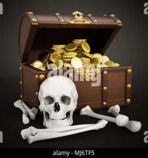 Chest full of gold, skull and bones. 3D illustration. Stock Photo