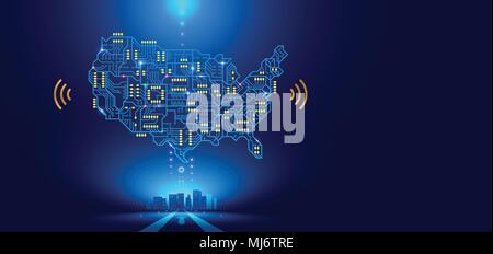 Abstract communication network map USA or America as a printed circuit Board. Smart city connected with country. Technology concepts Stock Vector