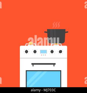white gas stove with boiling water in pan Stock Vector