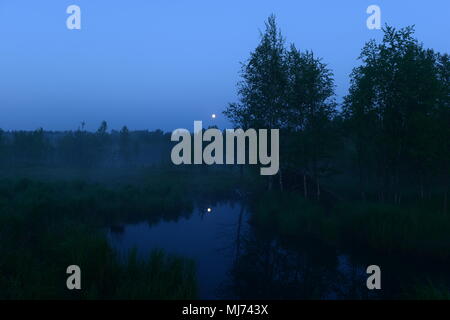 moon in the clear blue night sky over the forest moonlight in the water reflection in the forest river Stock Photo