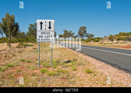 Drive on Left in Australia road signs. To remind foreign tourists which side of the road to drive on, Stock Photo