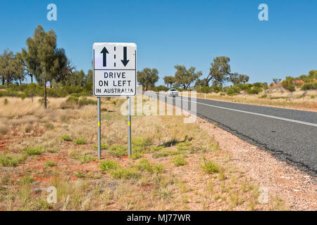 Drive on Left in Australia road signs. To remind foreign tourists which side of the road to drive on, Stock Photo