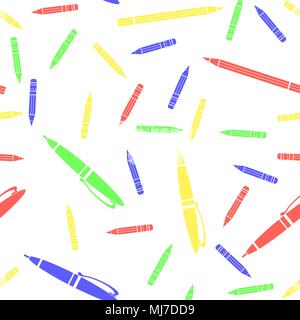 Colorful Pen and Pencil Seamless Pattern. Sharpened Pencils for Drawing. Randomly Scattered School Accessories. Stock Vector