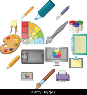 Drawing and painting tool icons set, cartoon style Stock Vector
