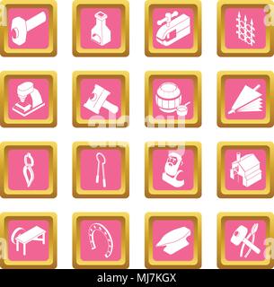 Blacksmith tools icons set pink square vector Stock Vector