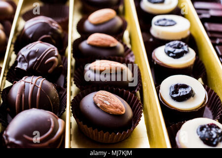 Assortment of Chocolates in box (selection focus) Stock Photo