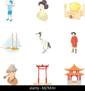Asian discovery icons set, cartoon style Stock Vector