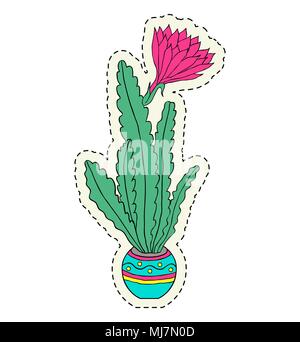 Hand drawn flower in pot on white background.Sticker for laptop sleeves,skins,cases,wallets etc. Vector illustration. Stock Vector