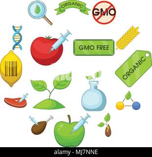 GMO goods icons set, cartoon style Stock Vector