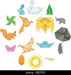 Origami icons set, cartoon style Stock Vector