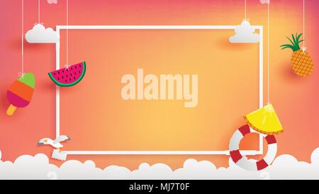 summer banner frame as horizontal contain white border ,sunset light shining on background and all objects floating over cloud Stock Vector