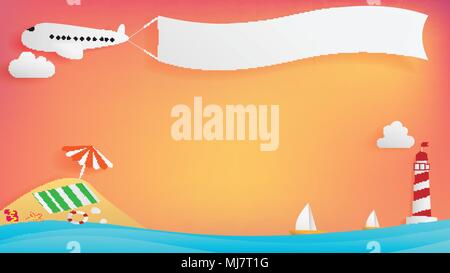 Summer background conception assist of sunset tone color , airplane with long white flag ,free space on the middle Stock Vector